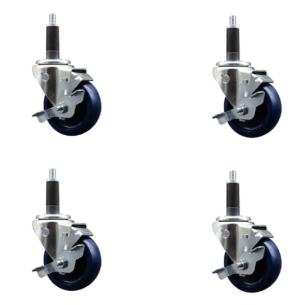 3.5'' Solid Poly Swivel 1'' Expanding Stem Caster Set with Brake, 4PK